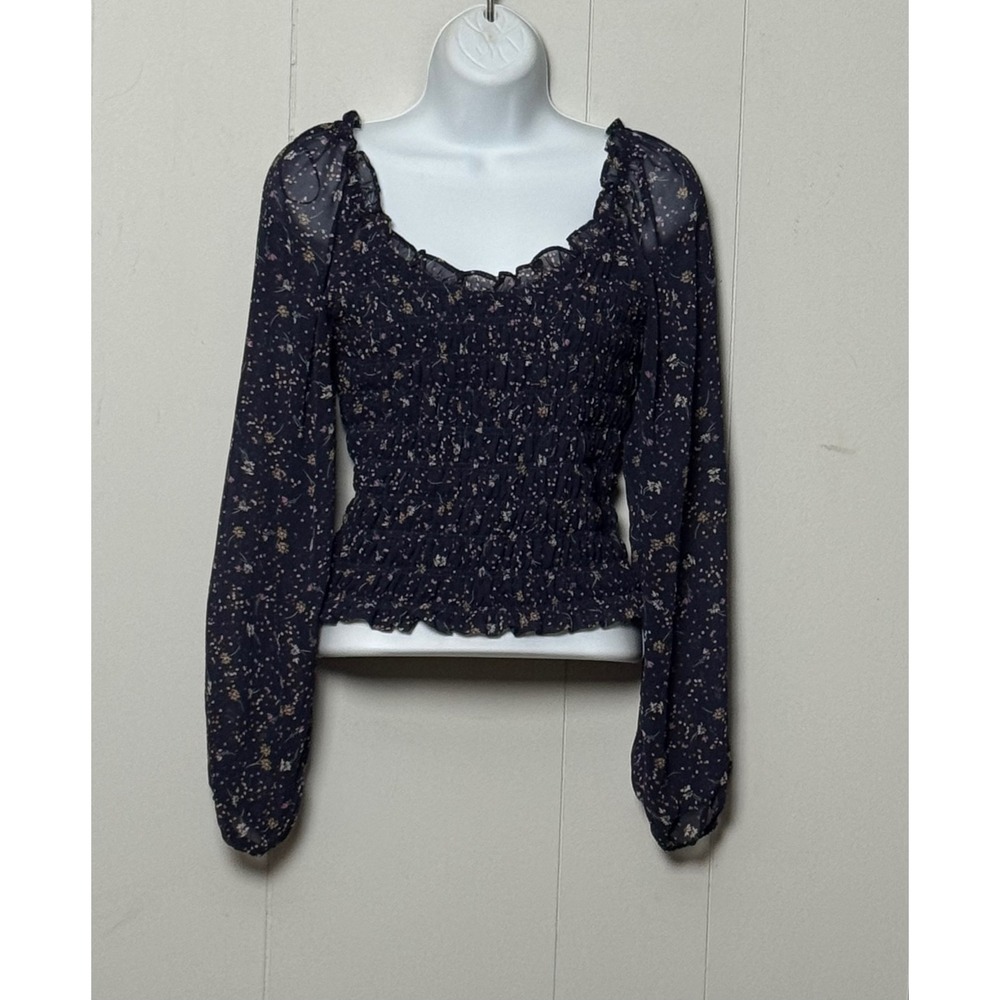 Lush Navy Floral Smocked Long Sleeve Top Square Neck Chiffon Blouse Size Small